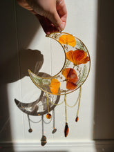 Load image into Gallery viewer, Califirnia Poppy Moon Wall hangings, 6 inch moon, chandelier crystal, clear background, california wildflower
