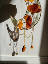 Load image into Gallery viewer, Califirnia Poppy Moon Wall hangings, 6 inch moon, chandelier crystal, clear background, california wildflower