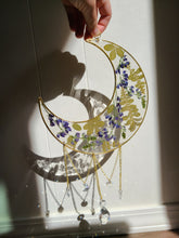 Load image into Gallery viewer, Califirnia lupine Moon Wall hangings, 8 inch moon, chandelier crystal, clear background, california wildflower