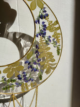 Load image into Gallery viewer, Califirnia lupine Moon Wall hangings, 8 inch moon, chandelier crystal, clear background, california wildflower