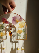 Load image into Gallery viewer, California Poppy wood Arch, handmade Macramé Tassels, Amber Chandelier