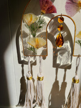 Load image into Gallery viewer, California Poppy wood Arch, handmade Macramé Tassels, Amber Chandelier