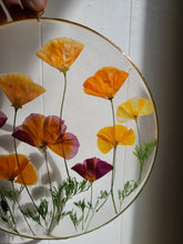 Load image into Gallery viewer, Large California Poppy wall hanging, 10 inches in diameter, clear background, california wildflower