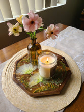 Load image into Gallery viewer, Wooden Floral Centerpiece Vanity Tray, 10 inch geometric tray, real pressed flower in resin, FDA food safe resin