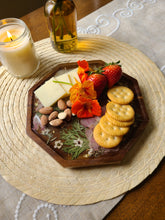Load image into Gallery viewer, Small  Wooden Floral Centerpiece Vanity Tray, 8 inch geometric tray, real pressed flower in resin, FDA food safe resin