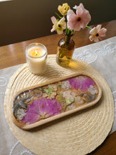 Load image into Gallery viewer, Oval Wooden Vintage Peony Vanity Tray, 12 inches x 5 inches, real pressed flower in resin, FDA food safe resin