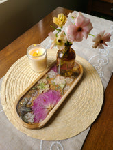 Load image into Gallery viewer, Oval Wooden Vintage Peony Vanity Tray, 12 inches x 5 inches, real pressed flower in resin, FDA food safe resin