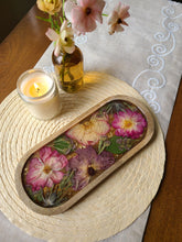 Load image into Gallery viewer, Oval Wooden Vintage Rose Vanity Tray, 12 inches x 5 inches, real pressed flower in resin, FDA food safe resin