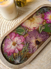 Load image into Gallery viewer, Oval Wooden Vintage Rose Vanity Tray, 12 inches x 5 inches, real pressed flower in resin, FDA food safe resin