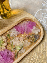 Load image into Gallery viewer, Oval Wooden Vintage Peony Vanity Tray, 12 inches x 5 inches, real pressed flower in resin, FDA food safe resin