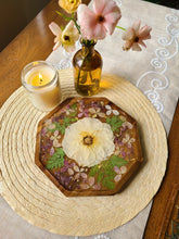 Load image into Gallery viewer, Small  Wooden Floral Centerpiece Vanity Tray, 8 inch geometric tray, real pressed flower in resin, FDA food safe resin