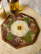 Load image into Gallery viewer, Small  Wooden Floral Centerpiece Vanity Tray, 8 inch geometric tray, real pressed flower in resin, FDA food safe resin