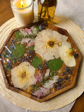 Load image into Gallery viewer, Wooden Floral Centerpiece Vanity Tray, 10 inch geometric tray, real pressed flower in resin, FDA food safe resin