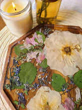 Load image into Gallery viewer, Wooden Floral Centerpiece Vanity Tray, 10 inch geometric tray, real pressed flower in resin, FDA food safe resin
