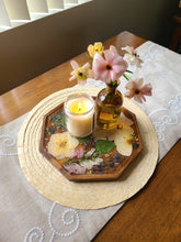 Load image into Gallery viewer, Wooden Floral Centerpiece Vanity Tray, 10 inch geometric tray, real pressed flower in resin, FDA food safe resin
