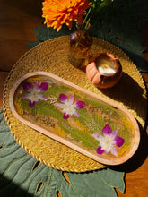 Load image into Gallery viewer, Large Oval Wooden Vintage Orchid Flower Vanity Tray, 14inches x 6 inches, real pressed flower in resin, FDA food safe resin