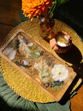 Load image into Gallery viewer, Large Rectangle Wooden Vintage Neutral Flower Vanity Tray, 14inches x 6 inches, real pressed flower in resin, FDA food safe resin
