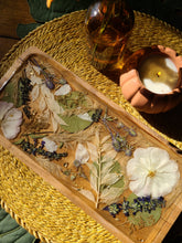 Load image into Gallery viewer, Large Rectangle Wooden Vintage Neutral Flower Vanity Tray, 14inches x 6 inches, real pressed flower in resin, FDA food safe resin