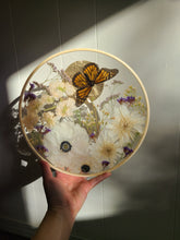 Load image into Gallery viewer, Large Monarch Butterfly Garden wall hanging, 10 inches in diameter, clear background, golden sun