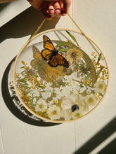 Load image into Gallery viewer, Large Monarch Butterfly Garden wall hanging, 10 inches in diameter, clear background, golden sun