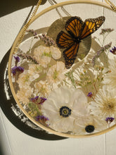 Load image into Gallery viewer, Large Monarch Butterfly Garden wall hanging, 10 inches in diameter, clear background, golden sun
