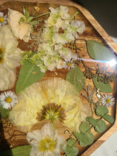 Load image into Gallery viewer, Wooden Floral Centerpiece Vanity Tray, 10 inch geometric tray, real pressed flower in resin, FDA food safe resin