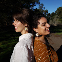 Load image into Gallery viewer, Boston daisy earring, real pressed flower in resin, mustard yellow, sunshine earring