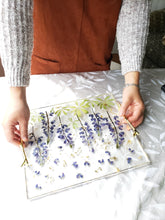 Load image into Gallery viewer, Yellow Daisy Tray, charcuterie board,12 inches x 10 inches, metal twig handle, made with FDA food safe resin