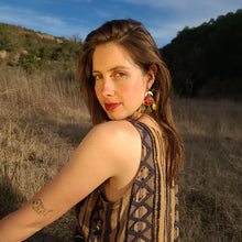 Load image into Gallery viewer, Marigold earrings, real pressed flowers in resin, hmmered brass tassel