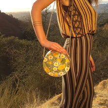 Load image into Gallery viewer, Round Floral Orange Slice Clutch, resin clutch, removable golden crossbody chain, 7 inches in diameter