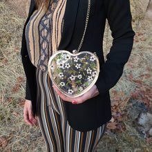 Load image into Gallery viewer, Heart-Shaped Floral clutch, white tea tree blossom, resin clutch, removable golden crossbody chain, 6.25 inches x 5.5 inches, white frosty sides