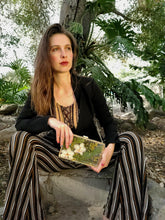 Load image into Gallery viewer, Rectangular Orchid Clutch, resin clutch, removable golden crossbody chain, 8 inches x 4.5 inches