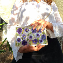Load image into Gallery viewer, Rectangular Violet Clutch, resin clutch, removable golden crossbody chain, 8 inches x 4.5 inches