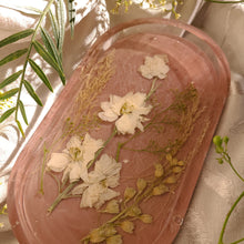 Load image into Gallery viewer, White Larkspur vanity tray, 7 inches x 3.75 inches, Dusty blush taupe & soft lace background, real pressed flower in resin, FDA food safe resin