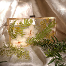 Load image into Gallery viewer, Rectangular Orchid Clutch, resin clutch, removable golden crossbody chain, 8 inches x 4.5 inches