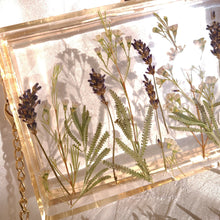 Load image into Gallery viewer, Rectangular Lavender Clutch, resin clutch, removable golden crossbody chain, 8 inches x 4.5 inches