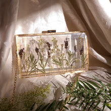 Load image into Gallery viewer, Rectangular Lavender Clutch, resin clutch, removable golden crossbody chain, 8 inches x 4.5 inches