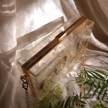 Load image into Gallery viewer, Rectangular Lavender Clutch, resin clutch, removable golden crossbody chain, 8 inches x 4.5 inches