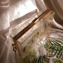 Load image into Gallery viewer, Rectangular Violet Clutch, resin clutch, removable golden crossbody chain, 8 inches x 4.5 inches