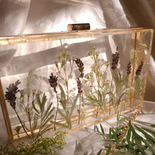 Load image into Gallery viewer, Rectangular Lavender Clutch, resin clutch, removable golden crossbody chain, 8 inches x 4.5 inches