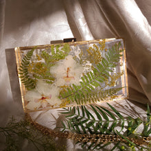 Load image into Gallery viewer, Rectangular Orchid Clutch, resin clutch, removable golden crossbody chain, 8 inches x 4.5 inches