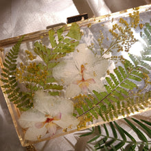Load image into Gallery viewer, Rectangular Orchid Clutch, resin clutch, removable golden crossbody chain, 8 inches x 4.5 inches