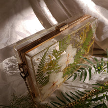 Load image into Gallery viewer, Rectangular Orchid Clutch, resin clutch, removable golden crossbody chain, 8 inches x 4.5 inches