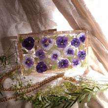 Load image into Gallery viewer, Rectangular Violet Clutch, resin clutch, removable golden crossbody chain, 8 inches x 4.5 inches