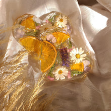 Load image into Gallery viewer, Heart shaped orange slice floral coasters, set of 2 , real pressed flower in resin, FDA food safe resin