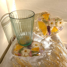 Load image into Gallery viewer, Heart shaped orange slice floral coasters, set of 2 , real pressed flower in resin, FDA food safe resin