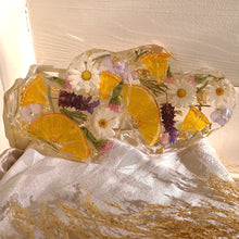 Load image into Gallery viewer, Heart shaped orange slice floral coasters, set of 2 , real pressed flower in resin, FDA food safe resin