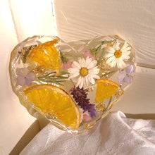 Load image into Gallery viewer, Heart shaped orange slice floral coasters, set of 2 , real pressed flower in resin, FDA food safe resin