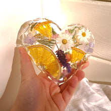 Load image into Gallery viewer, Heart shaped orange slice floral coasters, set of 2 , real pressed flower in resin, FDA food safe resin
