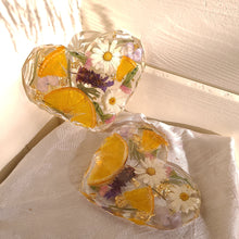 Load image into Gallery viewer, Heart shaped orange slice floral coasters, set of 2 , real pressed flower in resin, FDA food safe resin